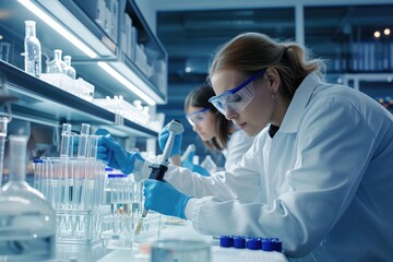 Two women wearing white lab coats are actively engaged in work inside a laboratory, Biotech startup working in a lab, AI Generated