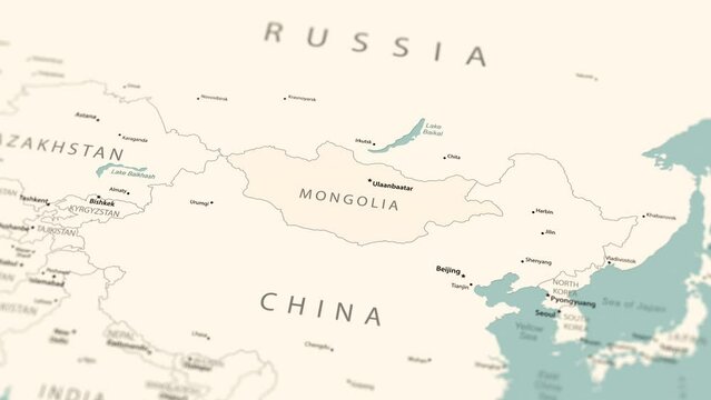 Mongolia on the world map. Smooth map rotation. 4K animation.