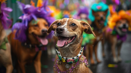 A stylish pack of colorful canines flaunt their fashionable dog collars while enjoying the great outdoors as beloved pets of their proud owner. Festival