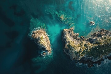 This aerial photograph captures a view of two massive rocks jutting out of the ocean in San Diego, California, Bird's eye perspective of a tranquil sea cradling a rocky isle, AI Generated