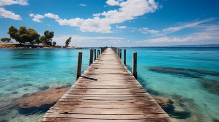 A tranquil cobalt blue ocean, with a wooden pier stretching out into the water, creating a...