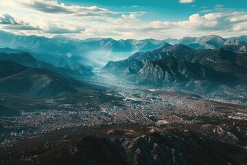 This aerial photograph captures the breathtaking view of a city nestled among towering mountains, Bird's eye view of a city fenced by mountains, AI Generated