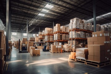 Modern Warehouse Interior with Rows of Shelves Filled with Boxes
