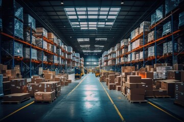 Fototapeta premium Modern Warehouse Interior with Rows of Shelves Filled with Boxes