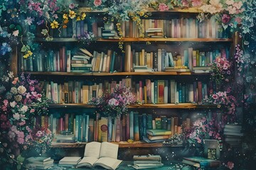 Naklejka na ściany i meble Enchanting bookshelf overflowing with blooms. vintage style library scene with floral accents. a perfect backdrop for creative minds and artists. AI