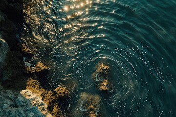 Rocky Shoreline and Transparent Waters of a Pristine Lake, Bird's eye view of sunlight glittering on ripples around rock clusters, AI Generated