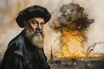 Watercolor Illustration Prophetic Vision of Nostradamus with Nuclear Explosion in the Background. Generative AI image.	