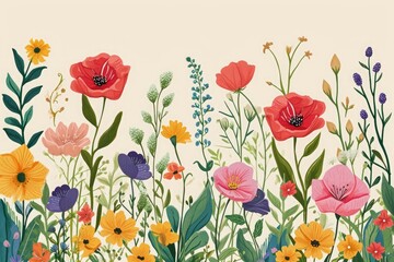 This art piece showcases a vibrant field filled with a variety of wildflowers, capturing the essence of natureâ€™s beauty, Birthday background featuring charming hand-drawn flowers, AI Generated