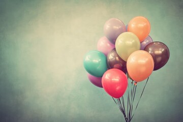 A group of vibrant balloons, in various colors, soaring through the sky during a festive celebration, Birthday balloons with a vintage filter effect, AI Generated