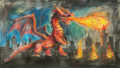 dragon spout fire burning the city, drawn in a drawing book using crayon - obrazy, fototapety, plakaty
