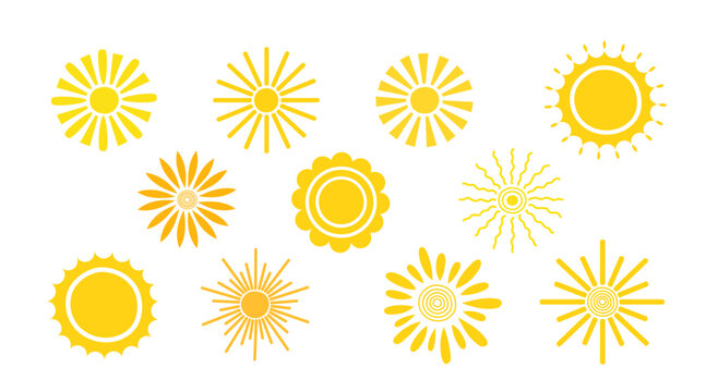 Simple yellow suns set vector flat illustration with round shape middle and beams, cute summer image for making cards, decor, vacation concept, holiday and summertime design for children