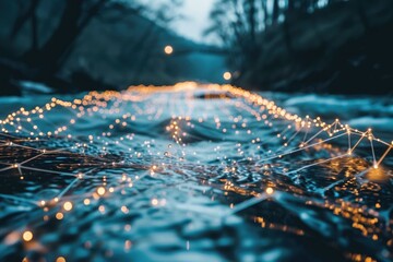 A vibrant stream of water is illuminated by colorful lights, creating an eye-catching display, Blockchain technology streamlined into a flowing river, AI Generated