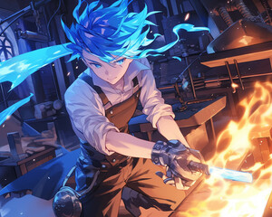 Concentrated anime blacksmith blue aura ablaze forges a legendary sword - obrazy, fototapety, plakaty