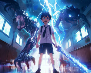 Anime twist Spirit sword in hand a young boy fights mutated monsters at school