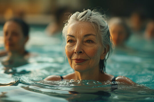 Retired elderly lady enjoying an exercise routine at the swimming pool.