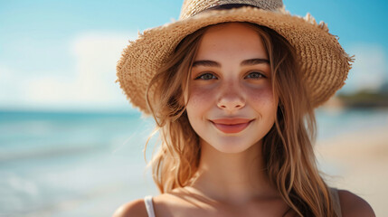 Pretty smiling young girl enjoying a nice summer day at the beach