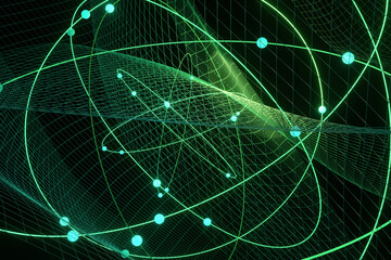 Glowing green atomic molecules surrounded by meshes on dark background. Illustration of the concept of atomic science and quantum computing - obrazy, fototapety, plakaty