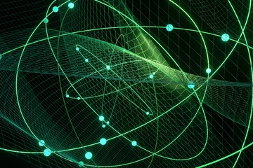 Foto op Plexiglas Glowing green atomic molecules surrounded by meshes on dark background. Illustration of the concept of atomic science and quantum computing © Dragon Claws