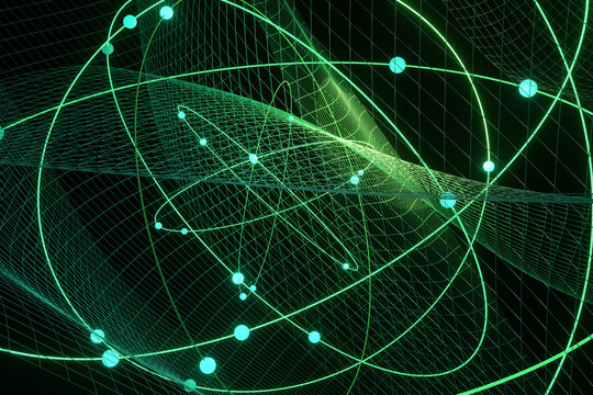 Glowing green atomic molecules surrounded by meshes on dark background. Illustration of the concept of atomic science and quantum computing