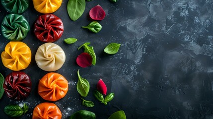 Colorful handmade pasta with fresh basil on a dark stone surface. artistic culinary presentation. perfect for recipe backgrounds. AI