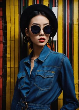 Fashion portrait of young beautiful asian woman with short hairstyle and sunglasses in a stylish dress. ai generative