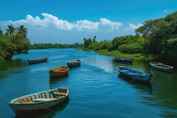 A collection of boats peacefully floating on the calm surface of a river, Boats floating lazily on...