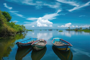 Naklejka na ściany i meble Three small boats can be seen floating on the calm surface of a body of water, Boats floating lazily on a serene river under a bright blue sky, AI Generated