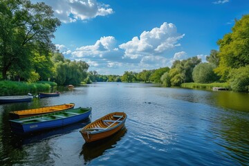 Fototapeta na wymiar A photo capturing two boats peacefully floating on the rivers surface, Boats floating lazily on a serene river under a bright blue sky, AI Generated