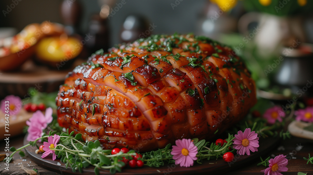 Wall mural Glazed Easter Ham Adorned with Fresh Herbs on Festive Table