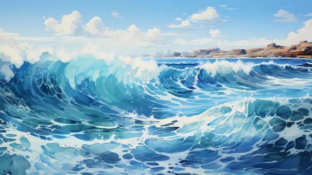 A tranquil cobalt blue ocean, with a gentle breeze causing the surface to ripple, resembling a beautiful watercolor painting