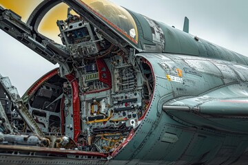 A detailed view of the inside of an airplane, showcasing the seating arrangement and overhead compartments, Breakaway view of a fighter plane showing internal components, AI Generated