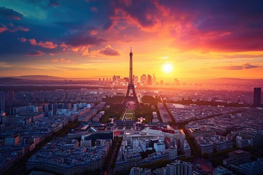 The iconic Eiffel Tower in Paris stands tall against the backdrop of a colorful evening sky, Breathtaking view of a cityscape during a colorful sunset, AI Generated