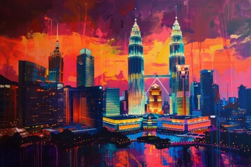 Fototapeta na wymiar City skyline at sunset acrylic on canvas Generative AI