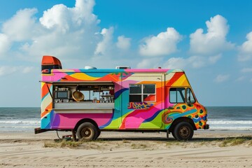 Colorful Food Truck Parked on Beach, Selling Fresh Tacos and Smoothies, Brightly colored food truck on a sandy beach, AI Generated