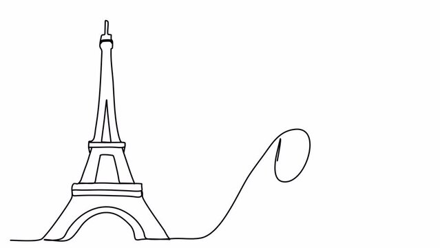 Eiffel Tower, one line drawing animation. Video clip with alpha channel.