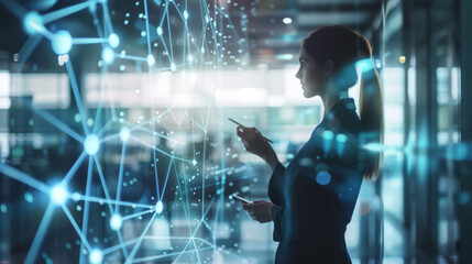 silhouette of a person's profile is overlaid with a futuristic graphic of glowing blue digital data