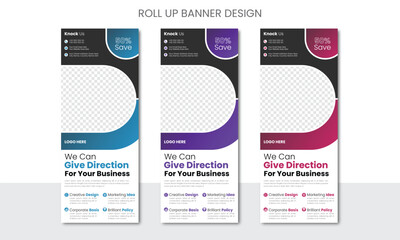 Creative corporate business roll up banner bundle template, x rollup pullup pop up signage retractable banner.3 color set of gradient layout with print ready design.