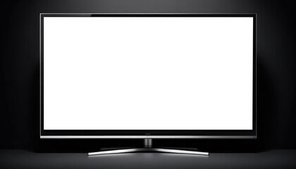 Wide television screen isolated on black background. White display ready for mockup advertisement.