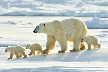 Polar bear (Ursus maritimus) mother and cubs on the pack ice, north of Svalbard Arctic Norway
