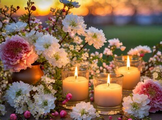 Obraz na płótnie Canvas A serene spring equinox arrangement featuring lit candles