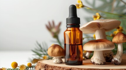 Mushrooms encircling a brown supplement medicine bottle over a white backdrop space, Generative AI.