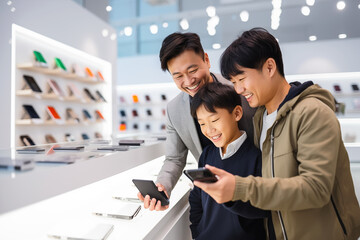 Happy asian family with young boy choosing smartphone in a modern tech store with devices displayed