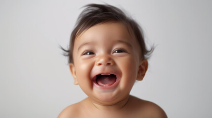 joyful baby with curly hair, laughing and looking towards the camera with great excitement and happiness.