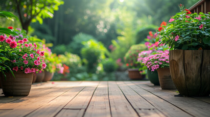 A beautifully arranged garden deck bathed in the soft, ethereal light of morning sun, wooden and well-maintained deck is adorned with array of potted flowering plants that burst with vibrant colors
