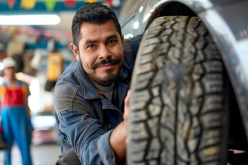 A rugged man confidently holds a tire, dressed in jeans and sturdy footwear, showcasing the importance of automotive tires in navigating the unpredictable streets of the outdoors