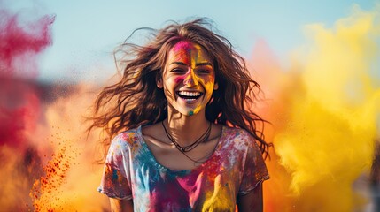 Naklejka premium young woman celebrating holi festival outdoors. Fun with colours. A vibrant splash of colors
