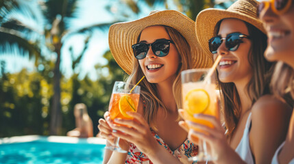 Joyful female Friends enjoying summer vibes with refreshing Tropical drinks by pool Party