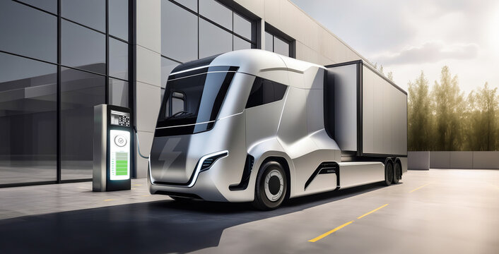 Futuristic electric truck charges battery. Green mobility and sustainability environment concept.