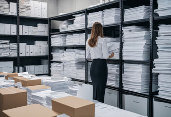 Woman archiving paper documents at office. Stacks of papers, documents and folders in the background - obrazy, fototapety, plakaty