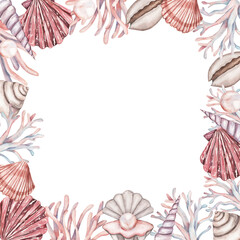 Fototapeta na wymiar Square frame with hand painted underwater life objects, shells, corals. Marine design. Hand drawn watercolor painting on white background